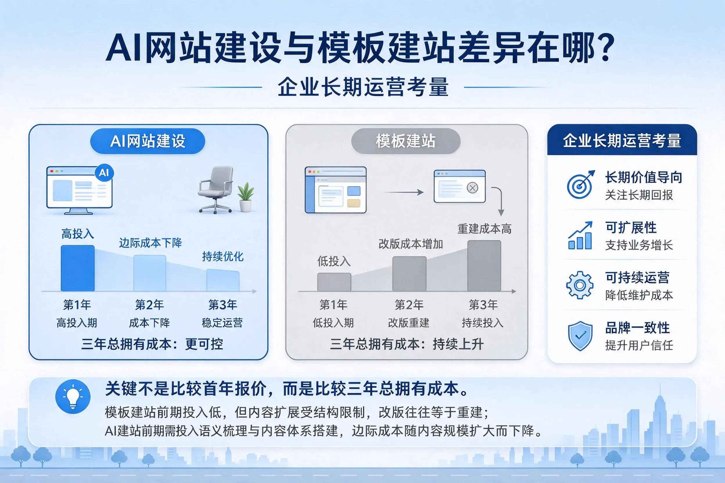 AI网站建设与模板建站差异在哪?白山企业长期运营考量
