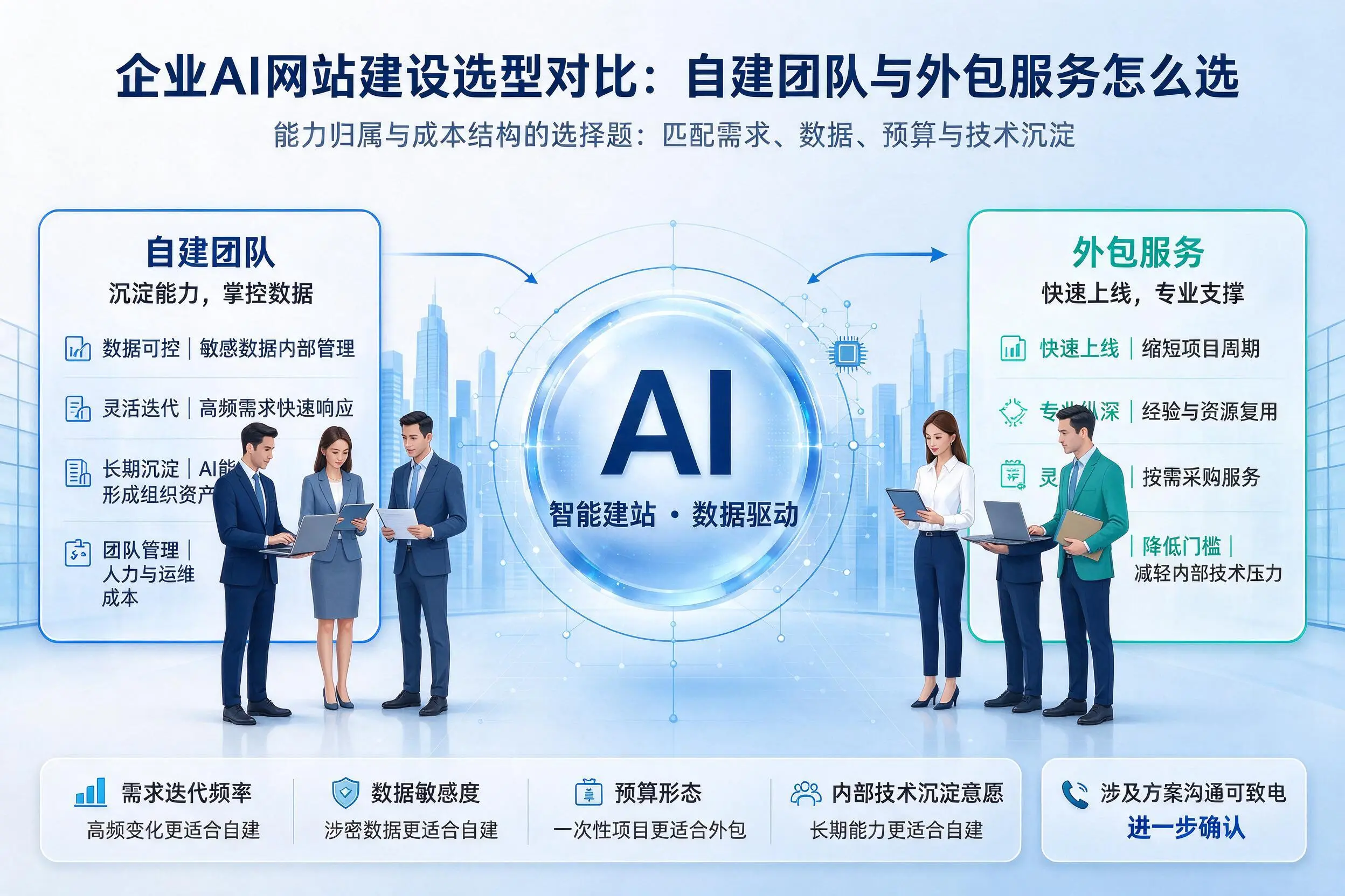 白山企业AI网站建设选型对比:自建团队与外包服务怎么选